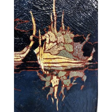 QUADRO DIPINTO OLIO ASTRATTO Enrico Villani PAESAGGIO MARINA NOTTURNO BARCHE '70