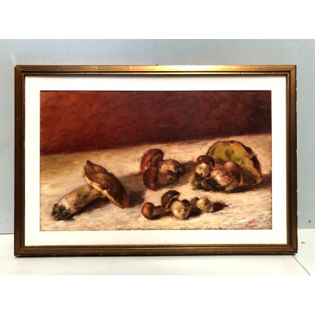 QUADRO OLIO Nino Belotti NATURA MORTA COMPOSIZIONE RACCOLTO FUNGHI PORCINI  '900