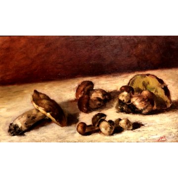 QUADRO OLIO Nino Belotti NATURA MORTA COMPOSIZIONE RACCOLTO FUNGHI PORCINI  '900