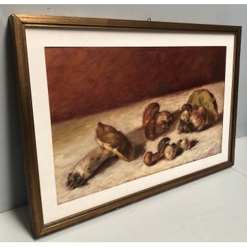 QUADRO OLIO Nino Belotti NATURA MORTA COMPOSIZIONE RACCOLTO FUNGHI PORCINI  '900