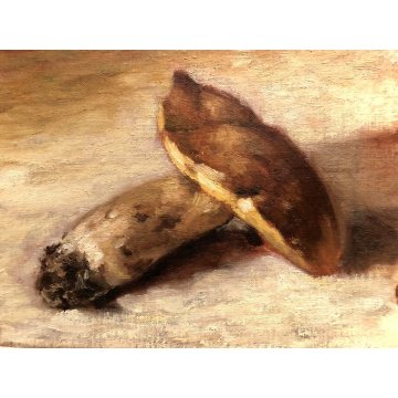 QUADRO OLIO Nino Belotti NATURA MORTA COMPOSIZIONE RACCOLTO FUNGHI PORCINI  '900