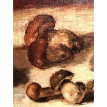 QUADRO OLIO Nino Belotti NATURA MORTA COMPOSIZIONE RACCOLTO FUNGHI PORCINI  '900