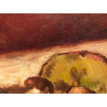 QUADRO OLIO Nino Belotti NATURA MORTA COMPOSIZIONE RACCOLTO FUNGHI PORCINI  '900
