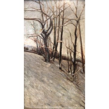 QUADRO OLIO Nino Belotti PAESAGGIO FLUVIALE INVERNALE CASTELLETTO TICINO NEVE