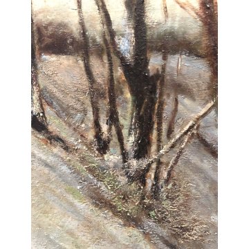 QUADRO OLIO Nino Belotti PAESAGGIO FLUVIALE INVERNALE CASTELLETTO TICINO NEVE