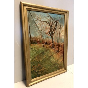 QUADRO OLIO Nino Belotti PAESAGGIO CAMPESTRE AUTUNNALE FIGURE CASTELLETTO TICINO