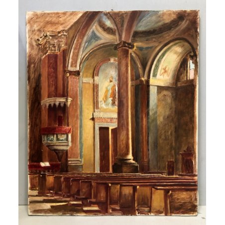 ANTICO DIPINTO OLIO TELA Nino Belotti Interno CHIESA PULPITO LOMBARDIA EPOCA 900