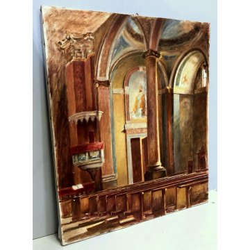 ANTICO DIPINTO OLIO TELA Nino Belotti Interno CHIESA PULPITO LOMBARDIA EPOCA 900