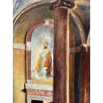 ANTICO DIPINTO OLIO TELA Nino Belotti Interno CHIESA PULPITO LOMBARDIA EPOCA 900