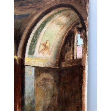 ANTICO DIPINTO OLIO TELA Nino Belotti Interno CHIESA PULPITO LOMBARDIA EPOCA 900