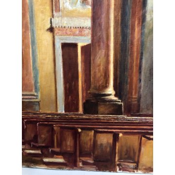 ANTICO DIPINTO OLIO TELA Nino Belotti Interno CHIESA PULPITO LOMBARDIA EPOCA 900