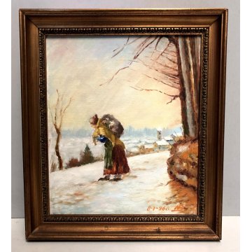 QUADRO OLIO TAVOLA N. Belotti RITRATTO FIGURA CONTADINA PAESAGGIO INVERNALE 1968