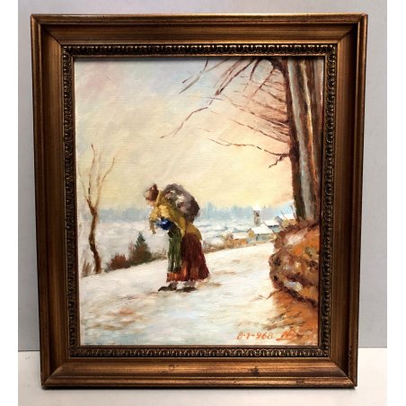 QUADRO OLIO TAVOLA N. Belotti RITRATTO FIGURA CONTADINA PAESAGGIO INVERNALE 1968