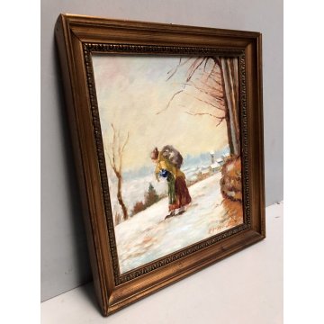 QUADRO OLIO TAVOLA N. Belotti RITRATTO FIGURA CONTADINA PAESAGGIO INVERNALE 1968