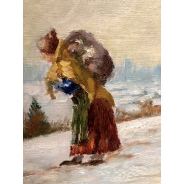 QUADRO OLIO TAVOLA N. Belotti RITRATTO FIGURA CONTADINA PAESAGGIO INVERNALE 1968