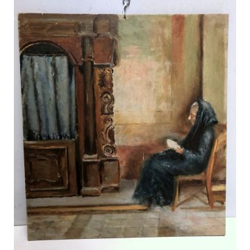 QUADRO OLIO Nino Belotti RITRATTO ANZIANA PREGHIERA CONFESSIONALE INTERNO CHIESA