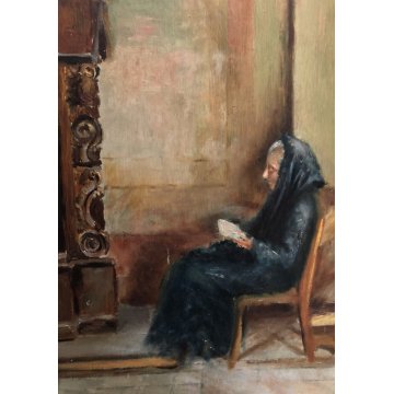 QUADRO OLIO Nino Belotti RITRATTO ANZIANA PREGHIERA CONFESSIONALE INTERNO CHIESA