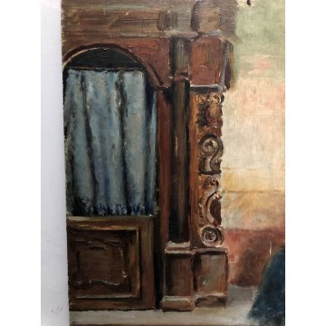 QUADRO OLIO Nino Belotti RITRATTO ANZIANA PREGHIERA CONFESSIONALE INTERNO CHIESA