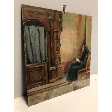 QUADRO OLIO Nino Belotti RITRATTO ANZIANA PREGHIERA CONFESSIONALE INTERNO CHIESA