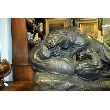 ANTICA ENORME SCULTURA BRONZO PANTERA VANNETTI ANGIOLO TIGRE BRONZE SCULPTURE FR