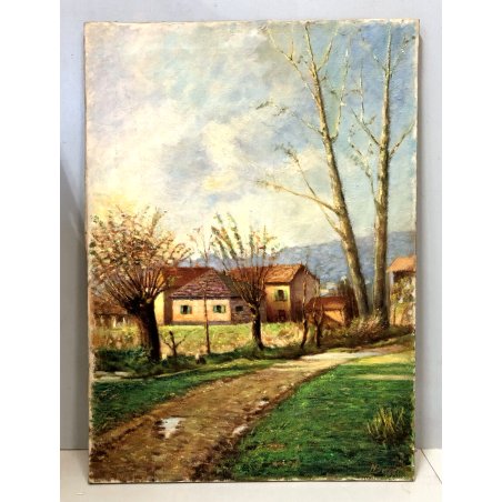 ANTICO DIPINTO OLIO TELA Nino Belotti PAESAGGIO CAMPAGNA BORGO ANTICO CASALI 900