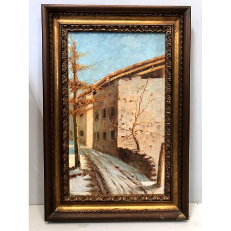 ANTICO DIPINTO OLIO TELA Nino Belotti PAESAGGIO CAMPAGNA BORGO CASTELLETTO T.