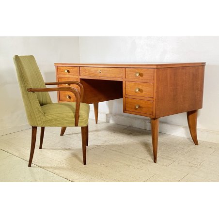 SCRIVANIA DA CENTRO DESIGN SEDIA SCRITTOIO ANNI 60 VINTAGE LEGNO 7 CASSETTI OLD