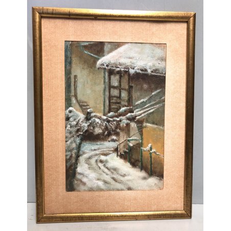 QUADRO OLIO N. Belotti PAESAGGIO INVERNALE SCORCIO TETTI NEVE BORGO ANTICO '900