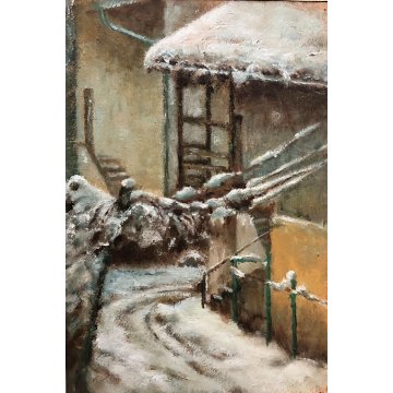 QUADRO OLIO N. Belotti PAESAGGIO INVERNALE SCORCIO TETTI NEVE BORGO ANTICO '900
