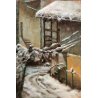 QUADRO OLIO N. Belotti PAESAGGIO INVERNALE SCORCIO TETTI NEVE BORGO ANTICO '900