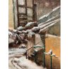 QUADRO OLIO N. Belotti PAESAGGIO INVERNALE SCORCIO TETTI NEVE BORGO ANTICO '900