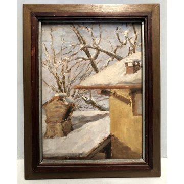 QUADRO OLIO N. Belotti PAESAGGIO INVERNALE SCORCIO TETTI  CAMINO NEVE EPOCA '900