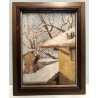 QUADRO OLIO N. Belotti PAESAGGIO INVERNALE SCORCIO TETTI  CAMINO NEVE EPOCA '900