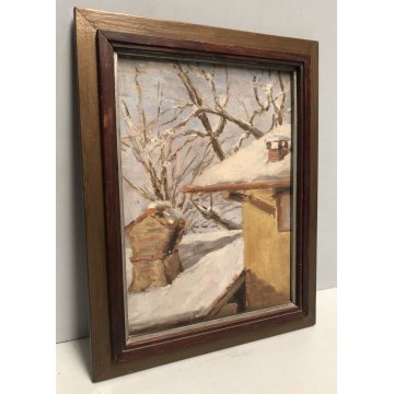 QUADRO OLIO N. Belotti PAESAGGIO INVERNALE SCORCIO TETTI  CAMINO NEVE EPOCA '900