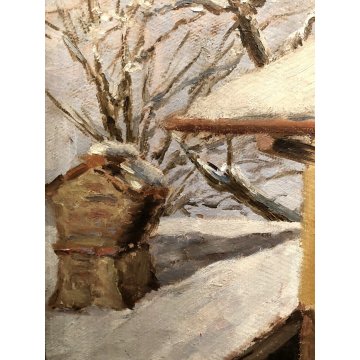 QUADRO OLIO N. Belotti PAESAGGIO INVERNALE SCORCIO TETTI  CAMINO NEVE EPOCA '900