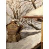 QUADRO OLIO N. Belotti PAESAGGIO INVERNALE SCORCIO TETTI  CAMINO NEVE EPOCA '900