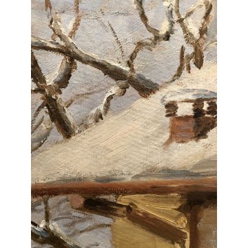 QUADRO OLIO N. Belotti PAESAGGIO INVERNALE SCORCIO TETTI  CAMINO NEVE EPOCA '900