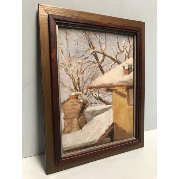 QUADRO OLIO N. Belotti PAESAGGIO INVERNALE SCORCIO TETTI  CAMINO NEVE EPOCA '900