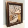 QUADRO OLIO N. Belotti PAESAGGIO INVERNALE SCORCIO TETTI  CAMINO NEVE EPOCA '900