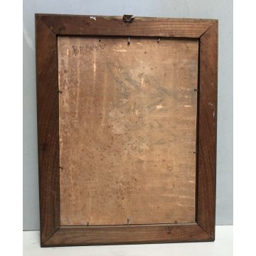 QUADRO OLIO N. Belotti PAESAGGIO INVERNALE SCORCIO TETTI  CAMINO NEVE EPOCA '900