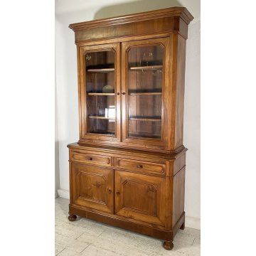 ANTICA CREDENZA BUFFET OTTOCENTO 1800 VETRINA LEGNO NOCE SCRITTOIO ALZATA VETRO