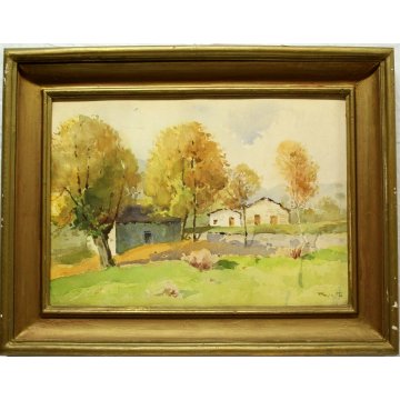 ANTICO QUADRO ACQUERELLO A. Pasetto EPOCA 800 PAESAGGIO BORGO MONTAGNA CAMPAGNA