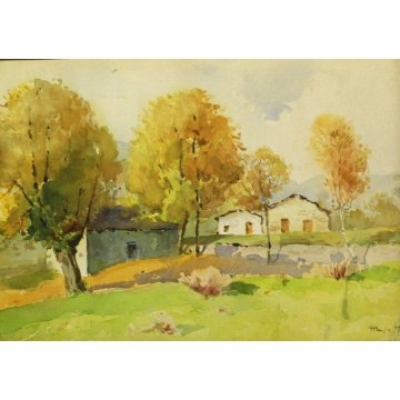 ANTICO QUADRO ACQUERELLO A. Pasetto EPOCA 800 PAESAGGIO BORGO MONTAGNA CAMPAGNA