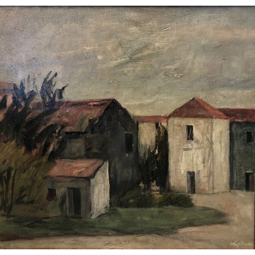 GRANDE QUADRO OLIO TELA Alessandro Gallucci PAESAGGIO BORGO ANTICO MARCHE '900