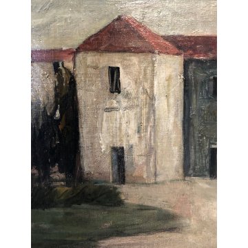 GRANDE QUADRO OLIO TELA Alessandro Gallucci PAESAGGIO BORGO ANTICO MARCHE '900