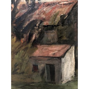 GRANDE QUADRO OLIO TELA Alessandro Gallucci PAESAGGIO BORGO ANTICO MARCHE '900