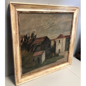 GRANDE QUADRO OLIO TELA Alessandro Gallucci PAESAGGIO BORGO ANTICO MARCHE '900