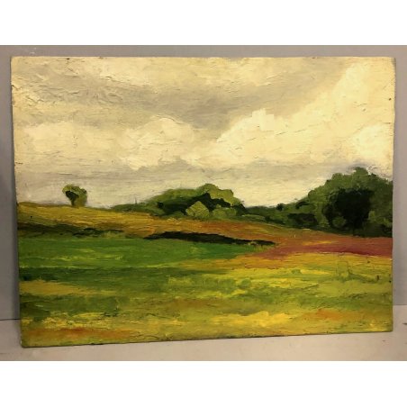 ANTICO DIPINTO OLIO TELA PAESAGGIO IMPRESSIONISTA CAMPAGNA CAMPI ESTATE 40X30 cm