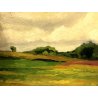 ANTICO DIPINTO OLIO TELA PAESAGGIO IMPRESSIONISTA CAMPAGNA CAMPI ESTATE 40X30 cm