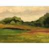 ANTICO DIPINTO OLIO TELA PAESAGGIO IMPRESSIONISTA CAMPAGNA CAMPI ESTATE 40X30 cm